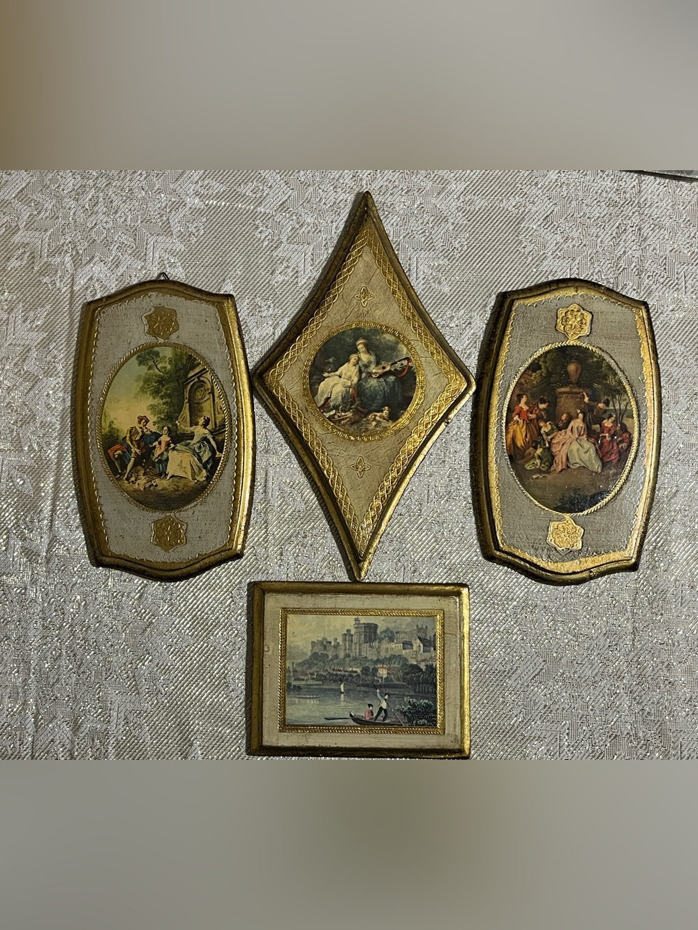 Vintage Mid-Century Italian Florentine 4 Piece Wall Plaque Set Courting Scenes